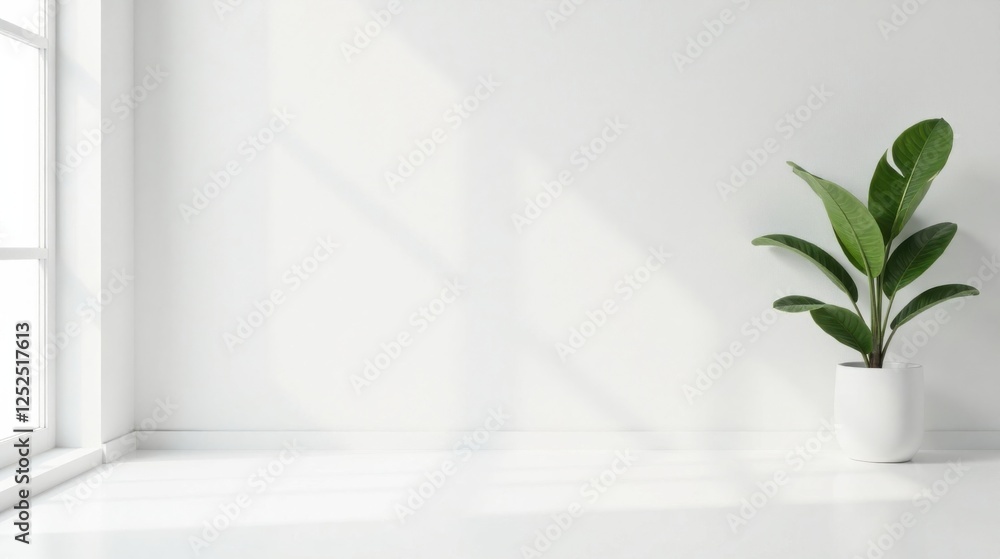 Serene Minimalist Room Interior Design Featuring a Single Potted Plant in Sunlight Serene Minimalist Room Interior Design Featuring a Single Potted Plant in Sunlight