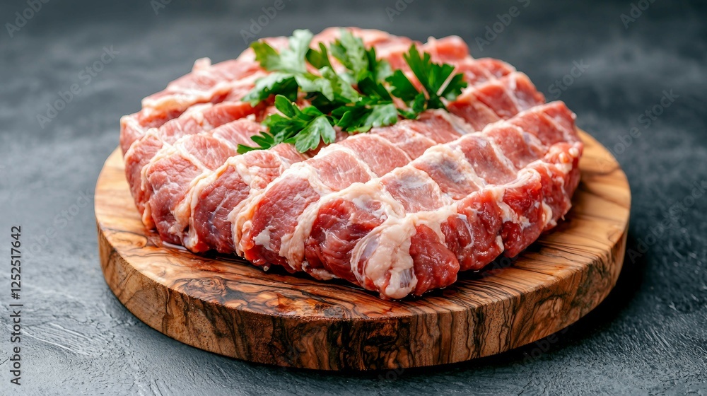 Fresh Raw Meat Slices Decorated with Green Herbs on Wooden Board Fresh Raw Meat Slices Decorated with Green Herbs on Wooden Board