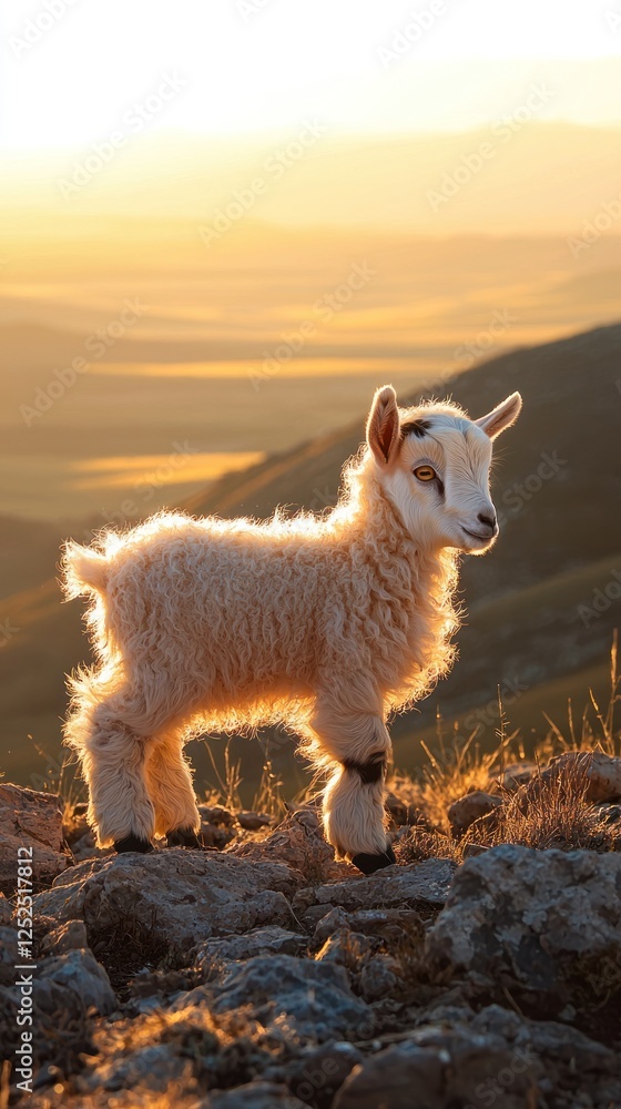 Obraz premium A baby goat standing on a rocky hill, its fluffy coat glowing in the golden hour, with a vast valley in the background.