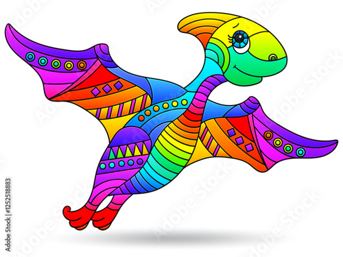 Illustration in the style of stained glass with bright dinosaur, animal isolated on a white background