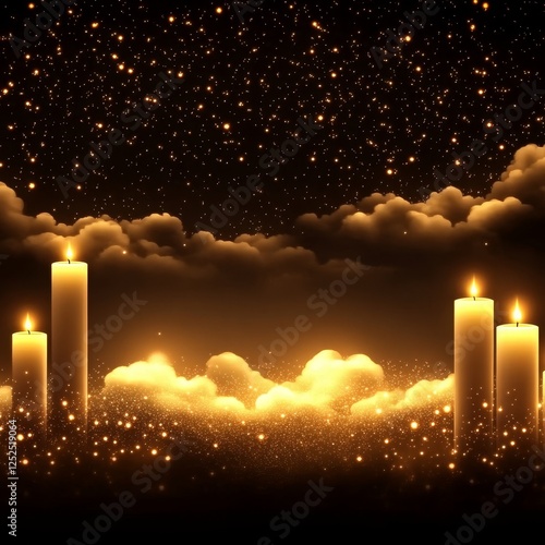 Candles and Clouds Lit by Starlight Serene Ambiance with Golden Glow and Magical Celestial Event. photo