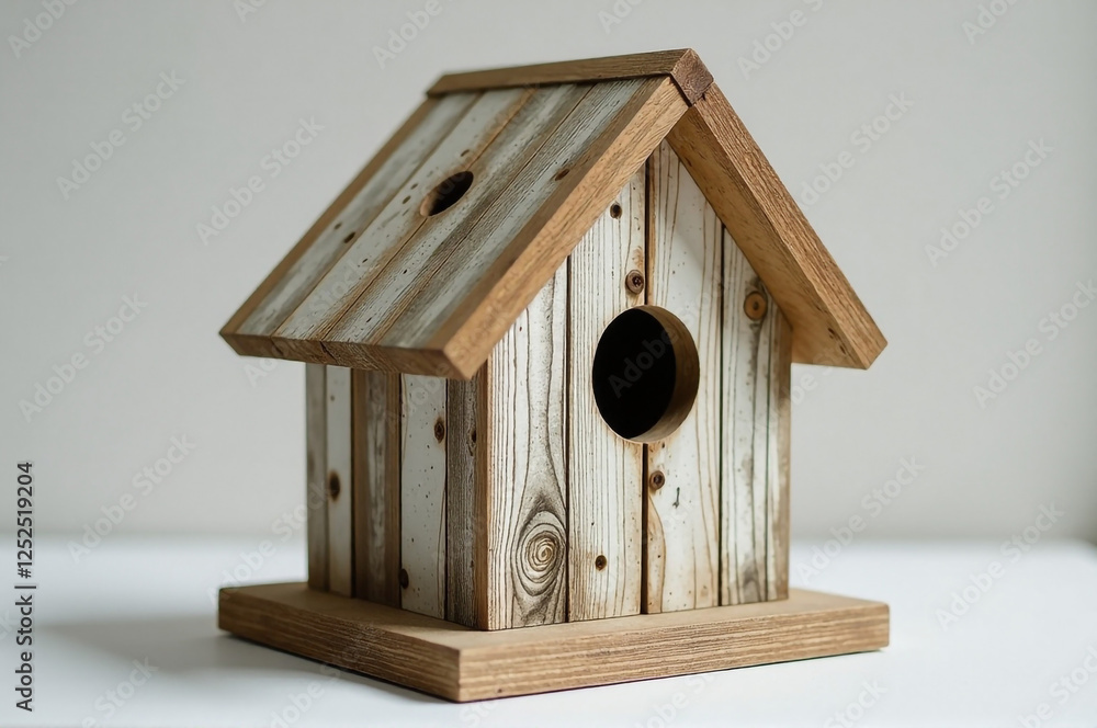 Decoupage on a wooden birdhouse with a rustic design, showing textured wood. creativity hobby and handicrafts, diy, background for design. Decoupage on a wooden birdhouse with a rustic design, showing textured wood. creativity hobby and handicrafts, diy, background for design.