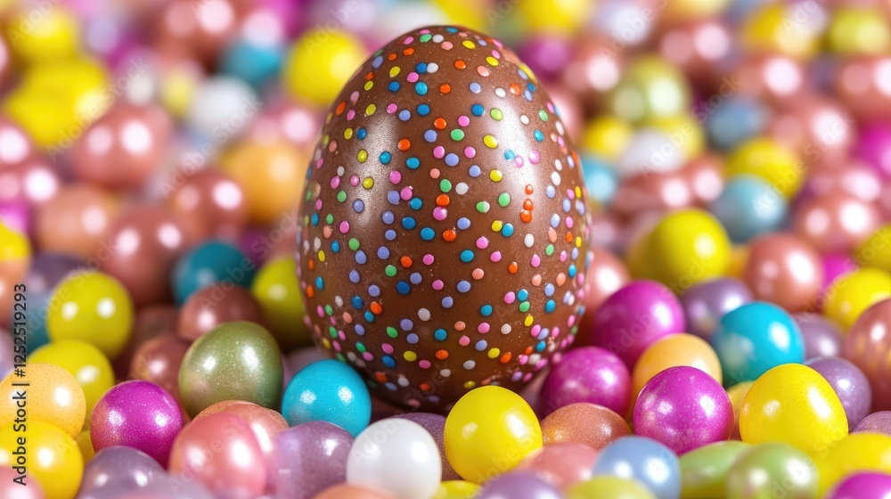A close-up of a speckled Easter chocolate egg nestled among pastel-colored sugar pearls. A close-up of a speckled Easter chocolate egg nestled among pastel-colored sugar pearls.