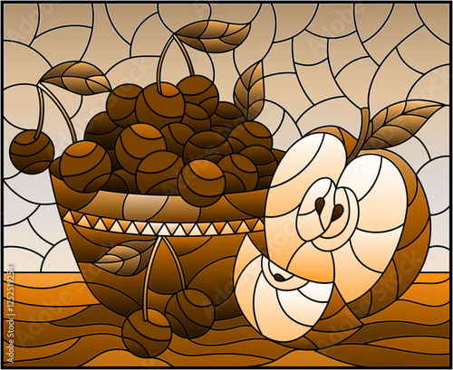 Wallpaper Mural Illustration in stained glass style with still life , apple and a cherry berryes  in a bowl on a table, tone brown Torontodigital.ca