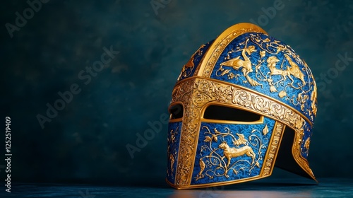 Intricately Designed Blue and Gold Helmet Showcasing Historical Craftsmanship