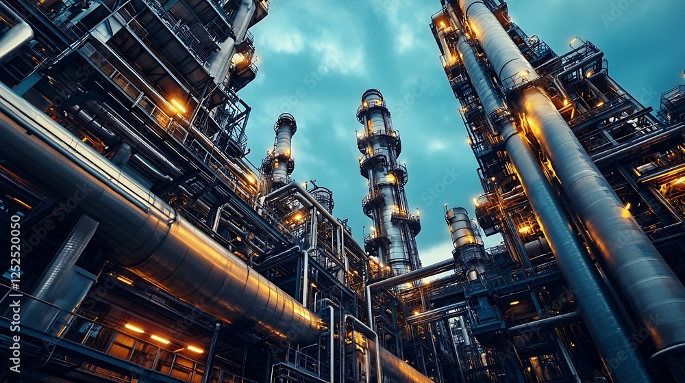 Low-angle view of illuminated industrial refinery at dusk. Low-angle view of illuminated industrial refinery at dusk.