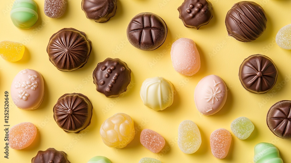 A festive Easter-themed flat lay of assorted chocolates, gummy candies, and pastel-colored sweets on a bright yellow background. A festive Easter-themed flat lay of assorted chocolates, gummy candies, and pastel-colored sweets on a bright yellow background.