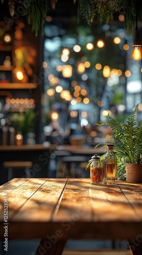 a wooden table with a plant on it in a restaurant for photo product background photo