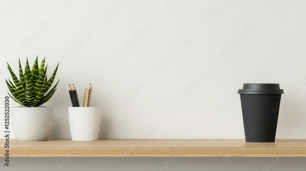 Minimalistic Workspace Arrangement with Succulent Plant, Pencils, and a Black Disposable Coffee Cup on Wooden Shelf Minimalistic Workspace Arrangement with Succulent Plant, Pencils, and a Black Disposable Coffee Cup on Wooden Shelf