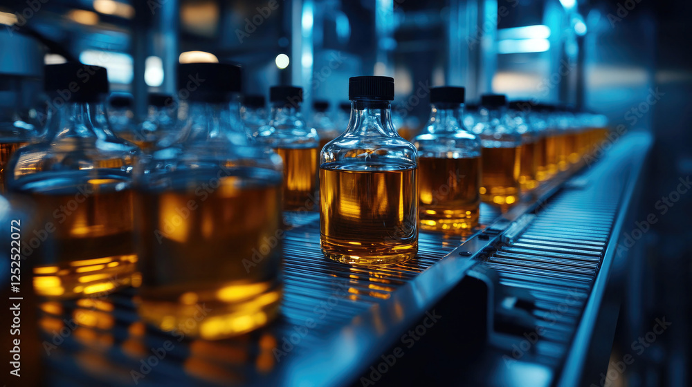 Glass Bottles with Liquid on a Production Line in Factory Glass Bottles with Liquid on a Production Line in Factory