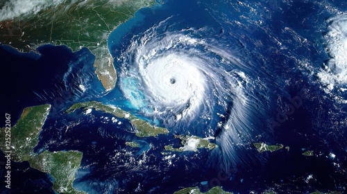 A dramatic view of a hurricane making landfall on a coastline. photo