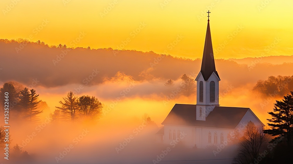 Obraz premium A misty sunrise over a rural church with a pointed steeple, symbolizing hope and resurrection.