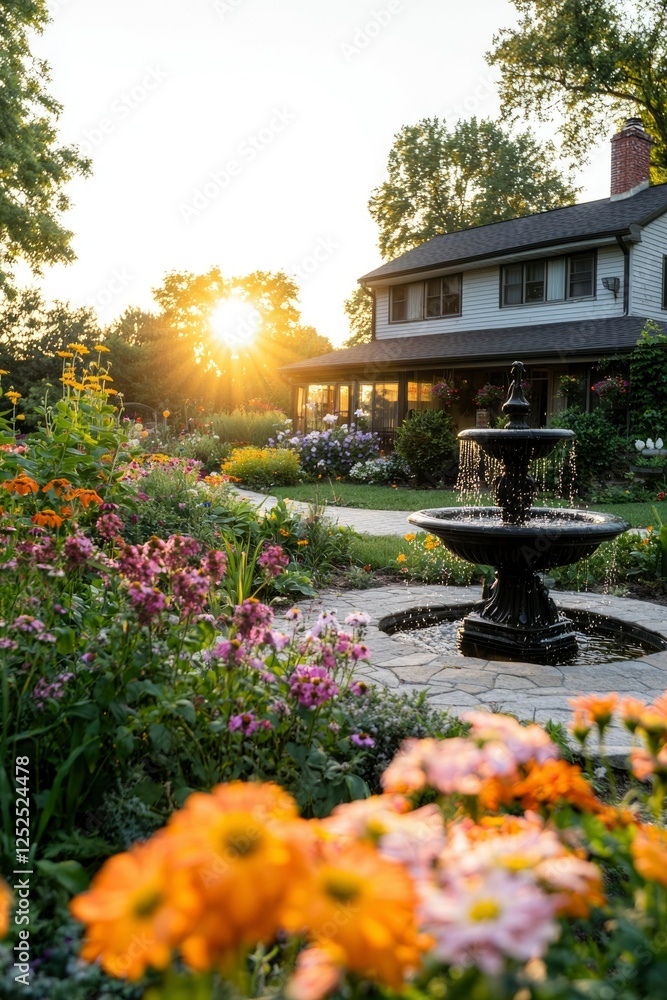 Serene landscape garden with water fountain & blooming flowers at sunset Serene landscape garden with water fountain & blooming flowers at sunset