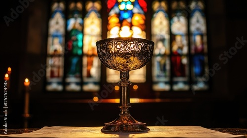 A sacred chalice and paten set on an altar cloth, with a stained glass window in the background. photo