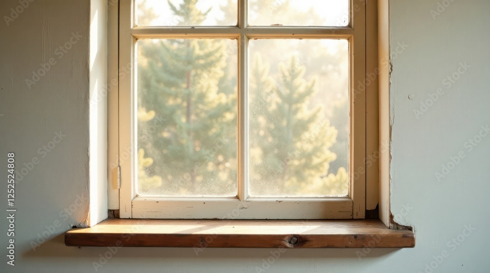 Obraz premium Serene Sunlight Illuminating a Rustic Window with a Wooden Sill