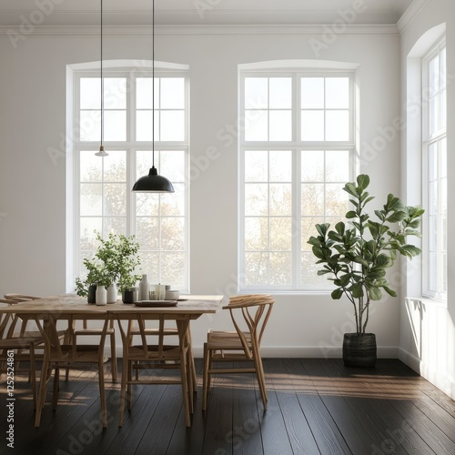 Bright dining room  wooden table  chairs  plants  sunlight