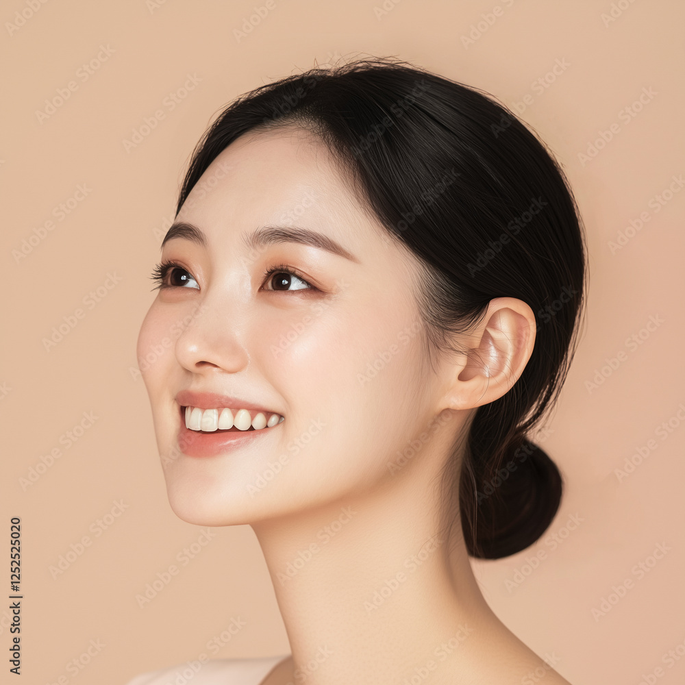 Happy Asian Woman Smiling and Looking Up on Beige Background Happy Asian Woman Smiling and Looking Up on Beige Background