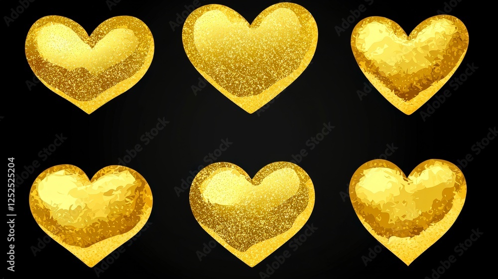 Obraz premium Six Glittering Golden Hearts on a Black Background for Celebration