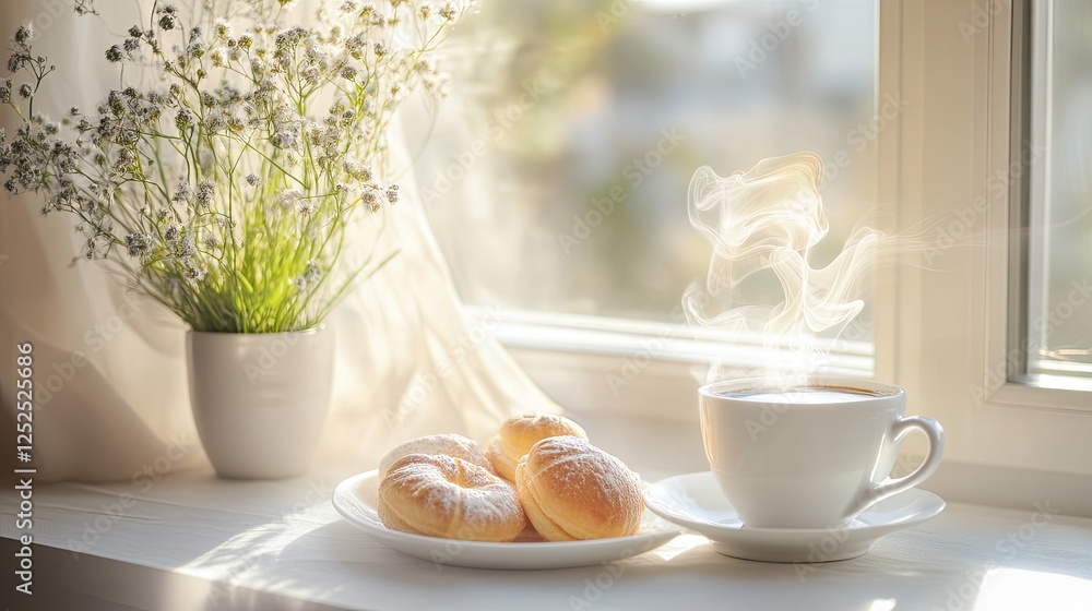 A steaming cup of coffee beside a plate of Easter pastries, bathed in soft morning sunlight. A steaming cup of coffee beside a plate of Easter pastries, bathed in soft morning sunlight.
