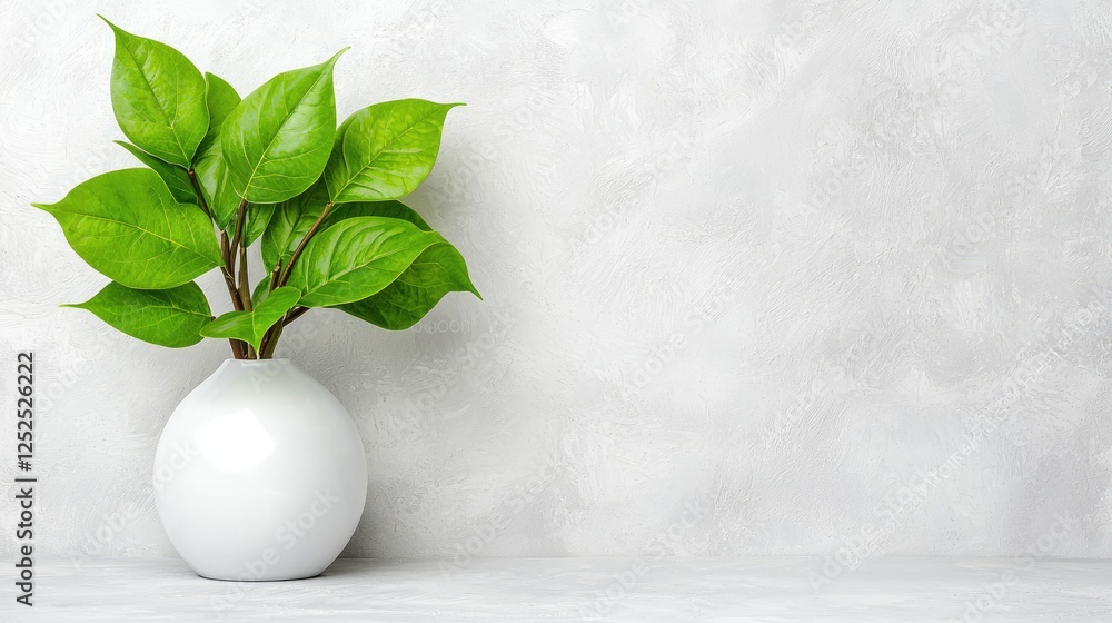 Green leaves in white vase, grey wall background, nature, home decor Green leaves in white vase, grey wall background, nature, home decor