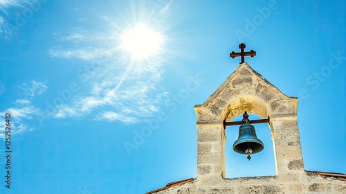 A traditional Easter church bell against a bright blue sky, symbolizing the joyous sounds of hymns. photo