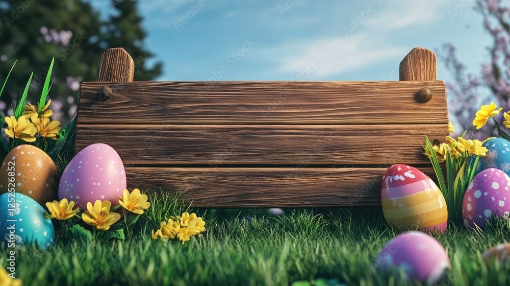 A wooden finish line banner in a meadow, decorated with spring flowers, ready for Easter egg rolling winners.