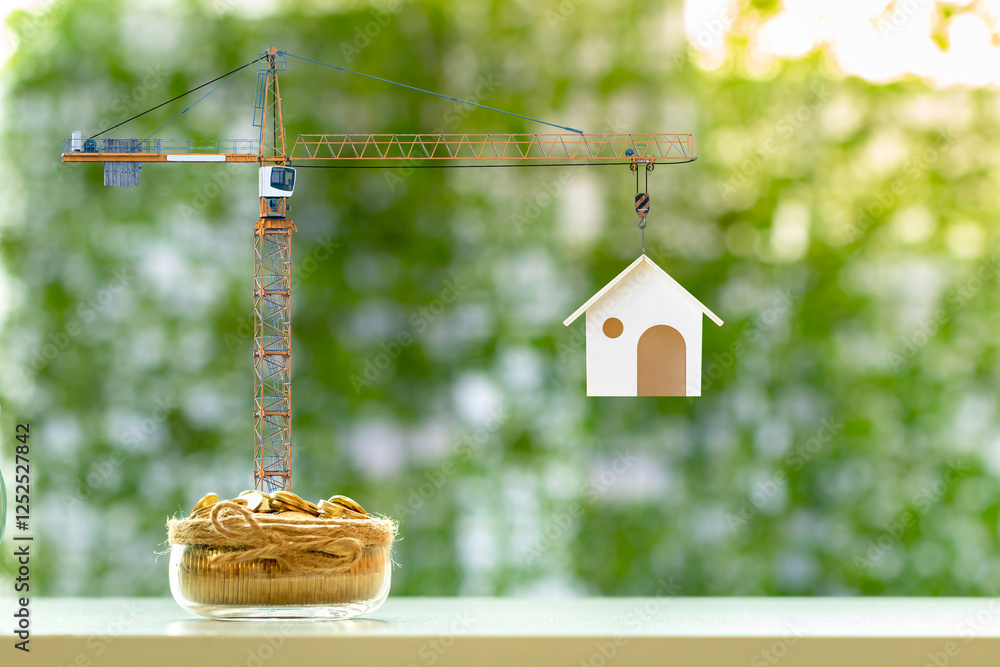 Φωτογραφία Bottle bank with tax and gold coin with increase and tower crane and hoist brake solutions with build new house in the public park, saving money and loan for construction real estate and home concept