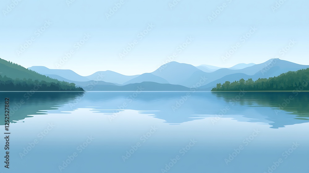 Serene Lake Landscape With Distant Mountains And Trees Serene Lake Landscape With Distant Mountains And Trees