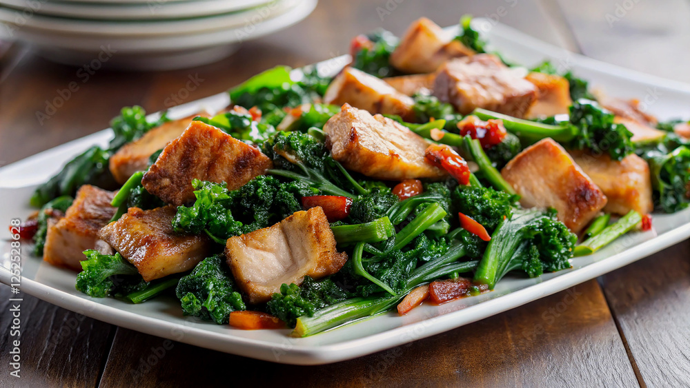 Deliciously Savory Pork and Kale Stir-fry on a White Plate Deliciously Savory Pork and Kale Stir-fry on a White Plate