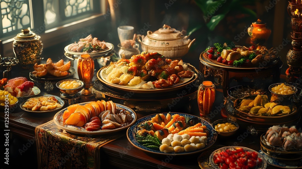 A Lavish Chinese Feast: An opulent table laden with an array of traditional dishes, showcasing the richness and diversity of Chinese cuisine. A Lavish Chinese Feast: An opulent table laden with an array of traditional dishes, showcasing the richness and diversity of Chinese cuisine.