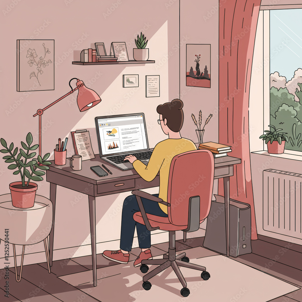 Fototapeta premium Woman Working at Home on Laptop in Cozy Room Setup