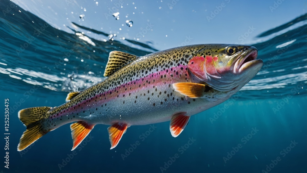 Naklejka premium Vibrant trout mid-air over glistening lake, chasing bait with splash below.
