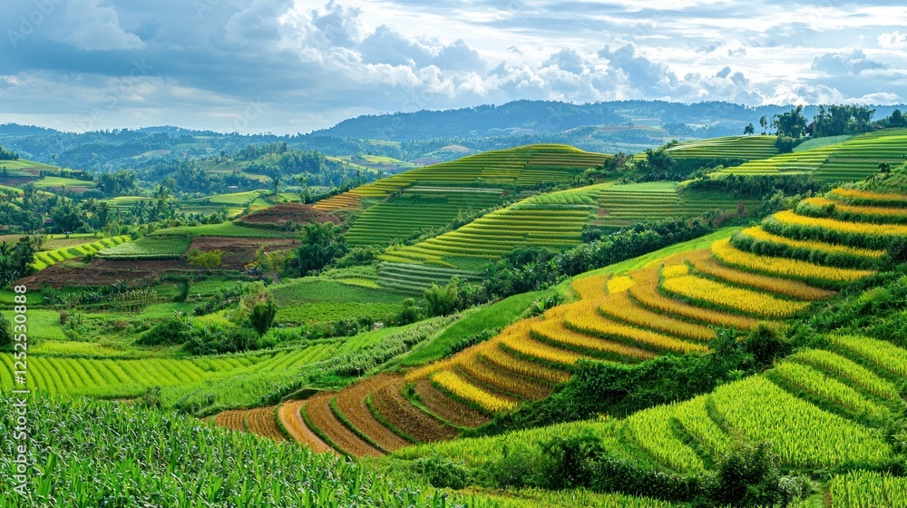 Fototapeta premium A panoramic view of farmland with alternating crop rows