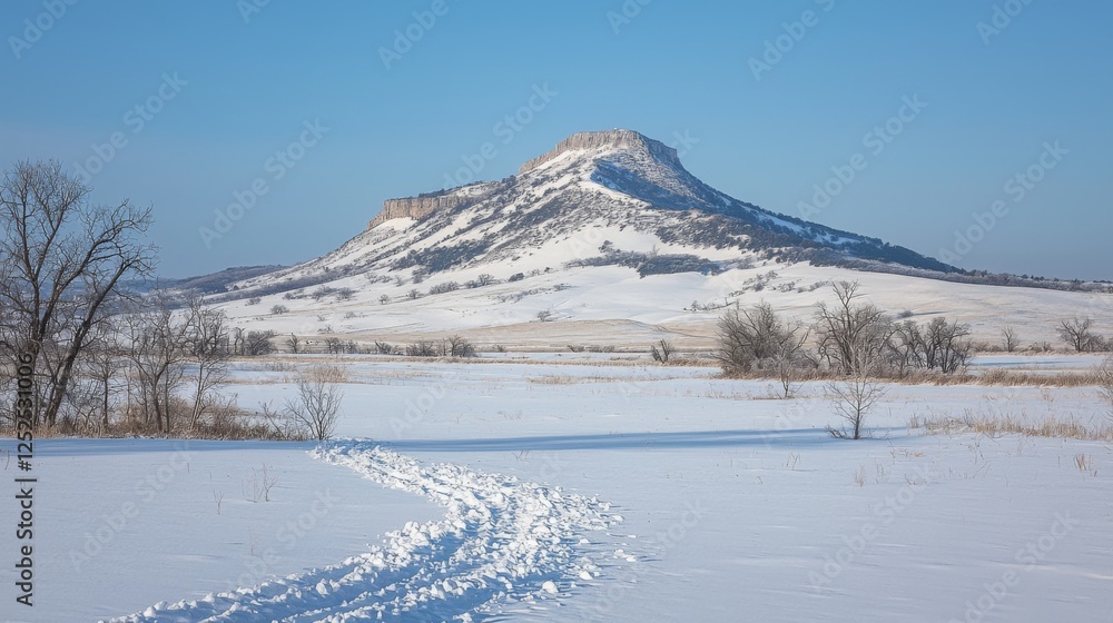 Fototapeta premium Snow-covered mountain under a crisp, clear winter sky. --chaos 20 --ar 16:9 --quality 2 --v 6.1 Job ID: 327bb7a7-9917-433a-8321-b8a832bf1c3c
