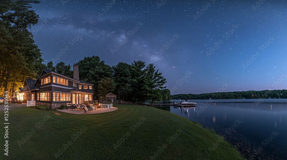 Fototapeta premium Star-filled sky with the Milky Way stretching above a peaceful lake. --chaos 20 --ar 16:9 --quality 2 --v 6.1 Job ID: 57c2e784-5e76-4cd9-aa58-e5cd61987635