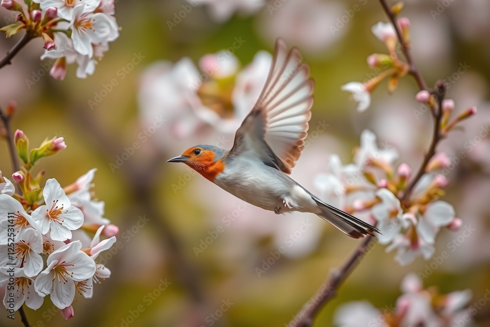 Small bird flying near vibrant cherry blossoms on a sunny spring day Small bird flying near vibrant cherry blossoms on a sunny spring day