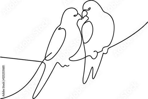 Two Budgies Perched Affectionately, OneLine Drawing, Bird Love
