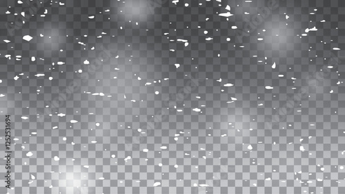 Special design of the snowfall or snow effect. Realistic falling snowflakes. Dusty white, snowfall, winter, snowflakes, snow fluff. Christmas image, cold winter. Vector illustration on PNG background.