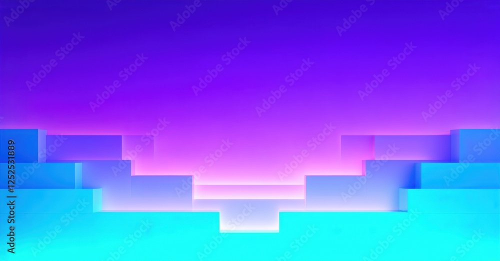 Layered geometric steps transition from electric turquoise to deep violet, creating a luminous gradient. Soft glowing edges enhance the surreal depth and symmetry of the scene Layered geometric steps transition from electric turquoise to deep violet, creating a luminous gradient. Soft glowing edges enhance the surreal depth and symmetry of the scene