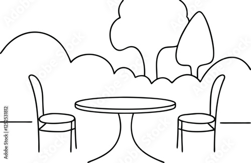 Simple Line Drawing Garden Patio Table, Chairs, and Trees