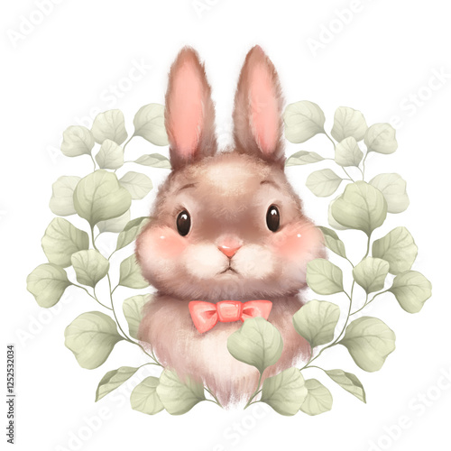 Cute bunny portrait with green leaves. Easter art print. Hand drawn bunny illustration photo