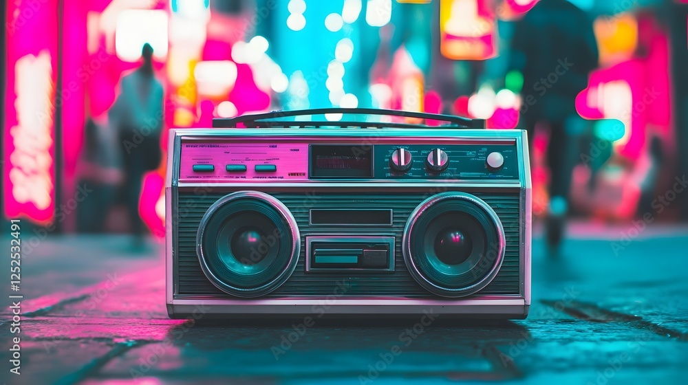 Fototapeta premium Vintage 80s Boombox on Vibrant City Street Corner with Neon Lights and Fashionable Backdrop