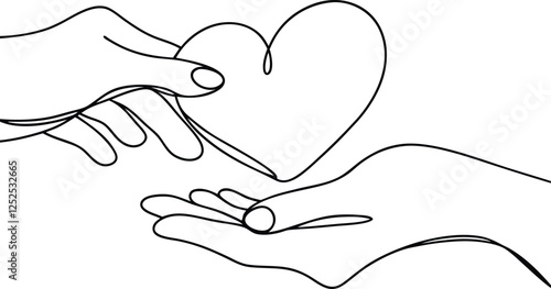 Oneline drawing, hands, heart, love, care, compassion, giving, receiving, sharing, connection