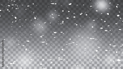 Special design of the snowfall or snow effect. Realistic falling snowflakes. Dusty white, snowfall, winter, snowflakes, snow fluff. Christmas image, cold winter. Vector illustration on PNG background.