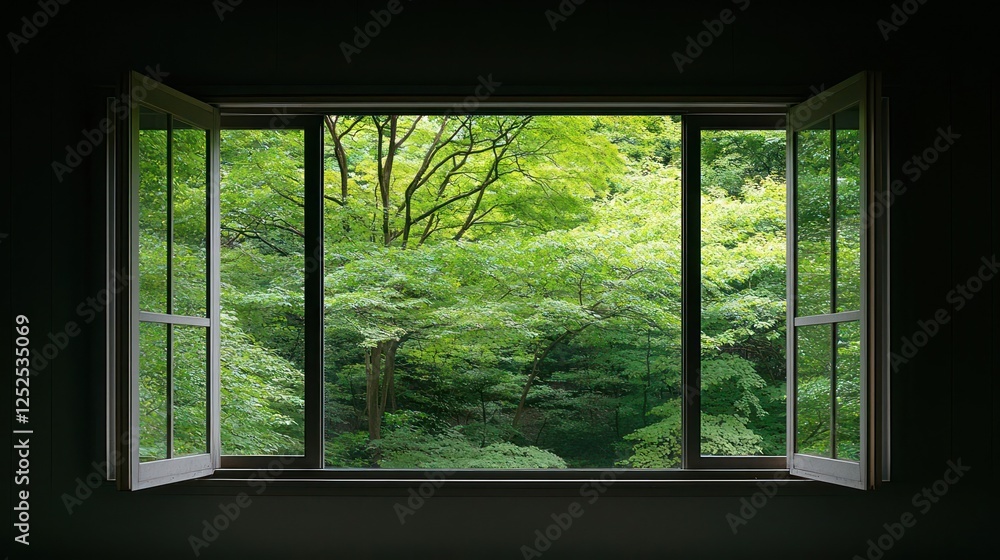 Fototapeta premium Open Window Showing Lush Green Trees