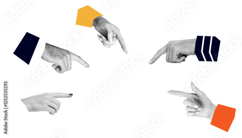 Принти на полотні Various human hands pointing in different directions with abstract colored sleeves, isolated on a white background