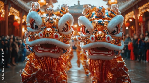 Dragon and lion dance for celebration, energetic dancers, open square, traditional lion and dragon costumes. photo