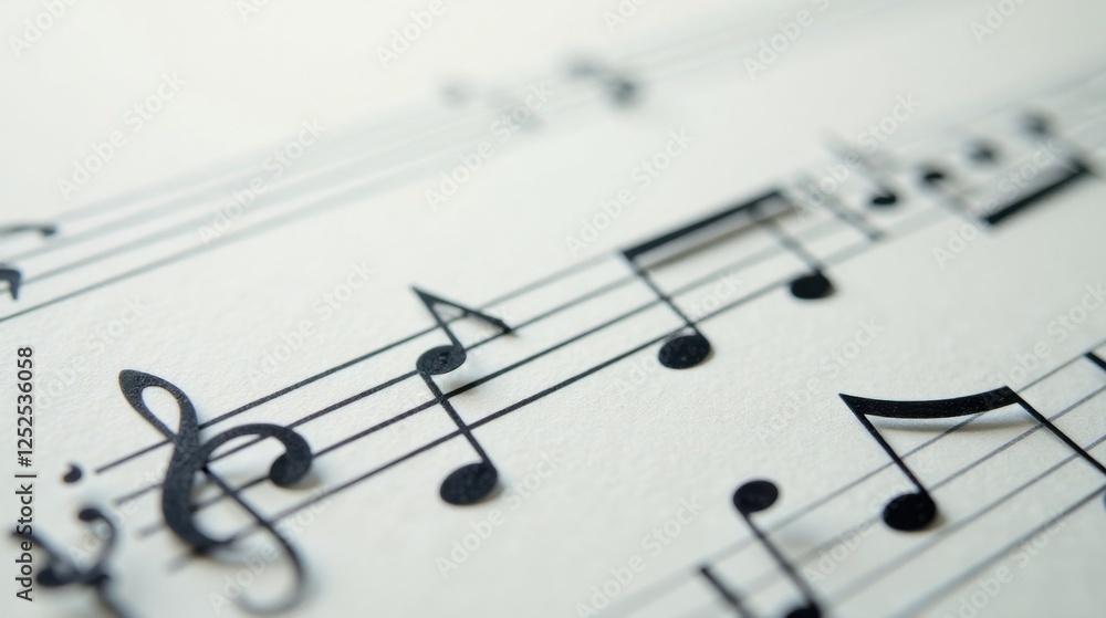 Close-up view of musical notation on a sheet of paper, showcasing the intricate details of musical symbols and staff lines. Close-up view of musical notation on a sheet of paper, showcasing the intricate details of musical symbols and staff lines.