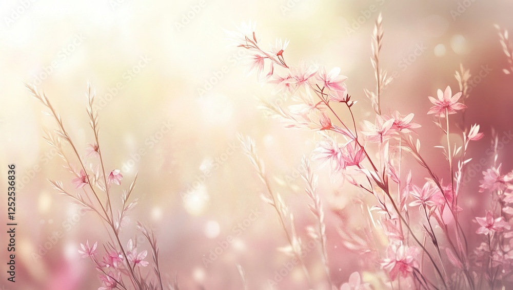 Fototapeta premium Pastel Pink Flowers Bloom Gently in Sunlight, Creating a Serene Summer Meadow Scene with Delicate Petals and Soft Light.