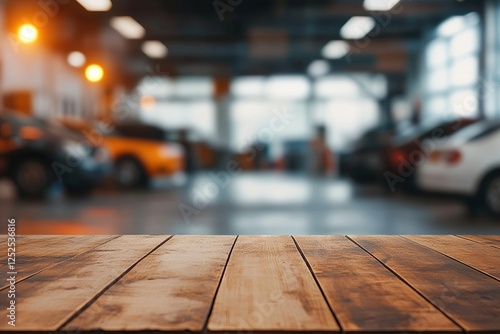 Wallpaper Mural Showcase Wooden Tabletop:  Automotive Showroom Interior View with Blurred Cars Background Torontodigital.ca
